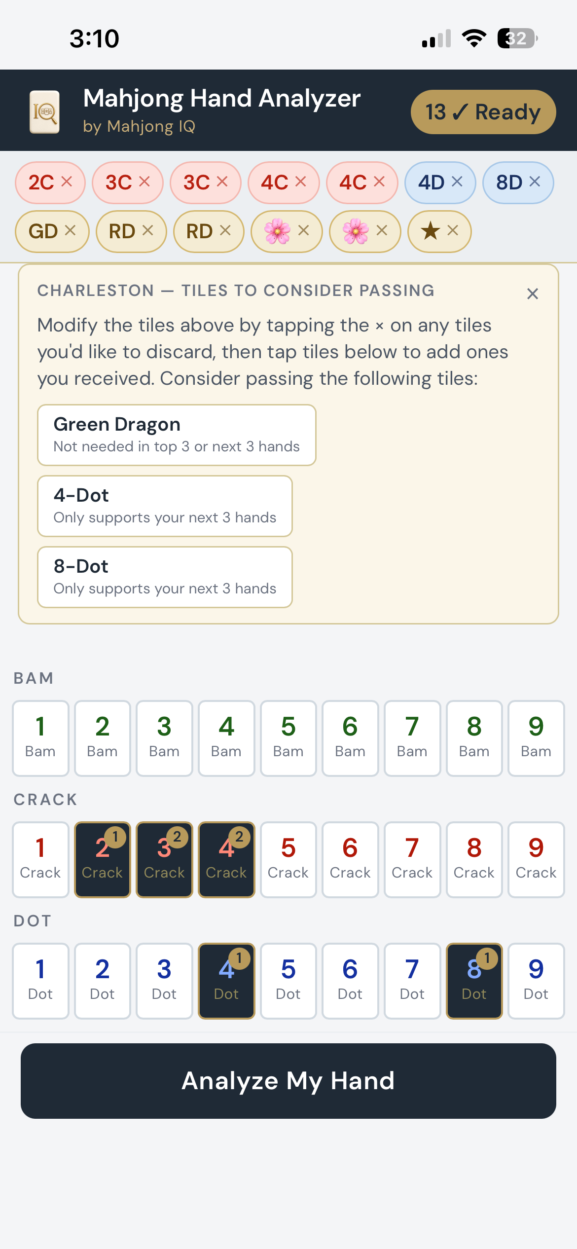 Mahjong IQ Charleston — recommended tiles to pass