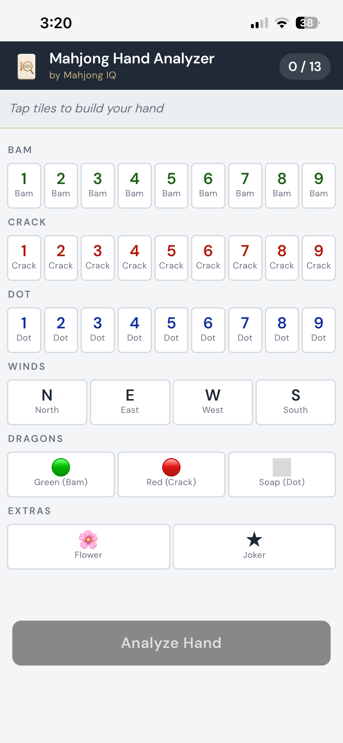 Mahjong IQ tile selector — tap tiles to build your hand